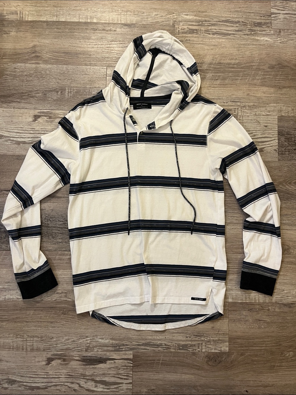 Ocean Current Cream & Black Striped Hooded Crewneck T-shirt